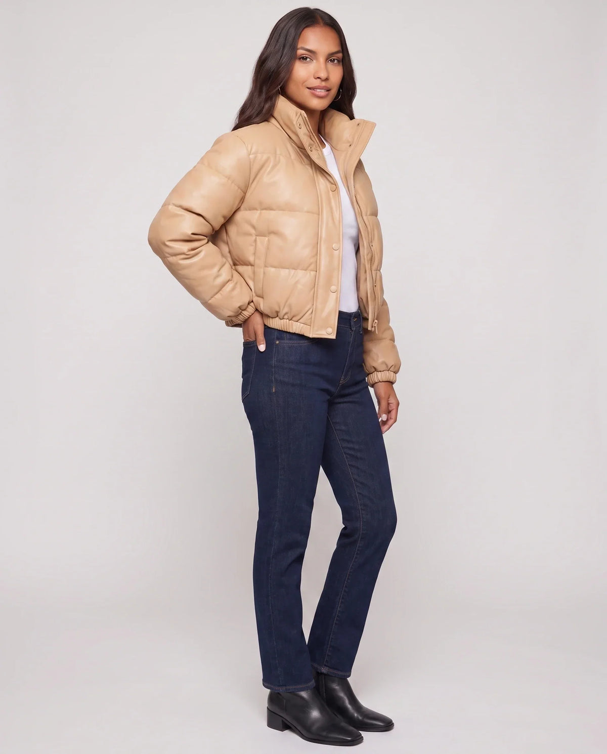 Short Faux Leather Puffer Jacket with Poppers
