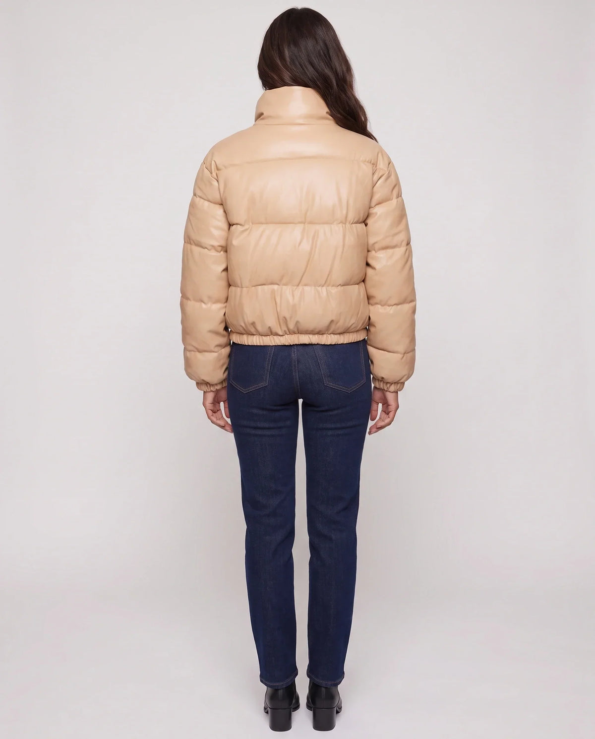 Short Faux Leather Puffer Jacket with Poppers