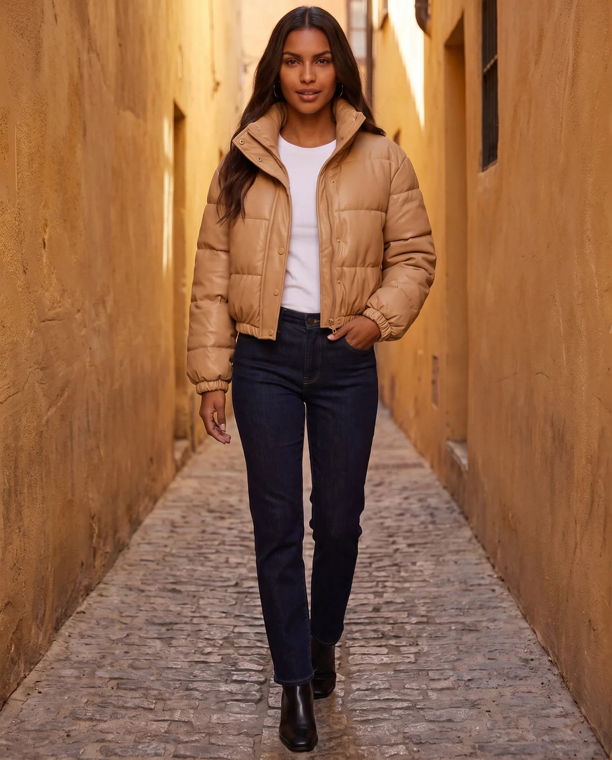 Short Faux Leather Puffer Jacket with Poppers
