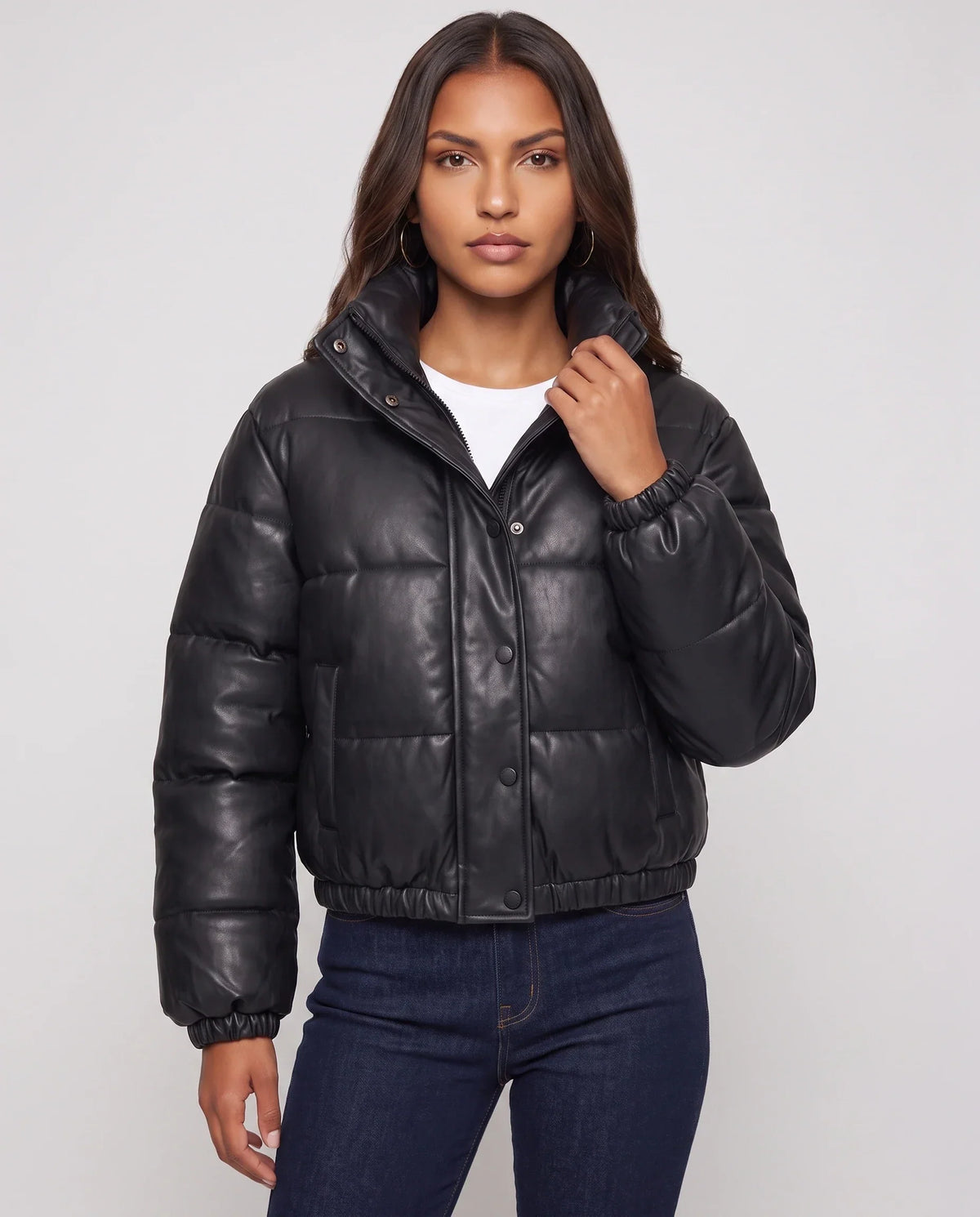 Short Faux Leather Puffer Jacket with Poppers