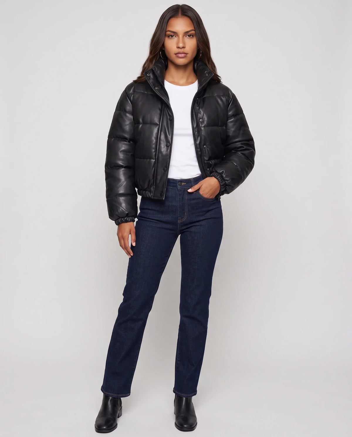 Short Faux Leather Puffer Jacket with Poppers