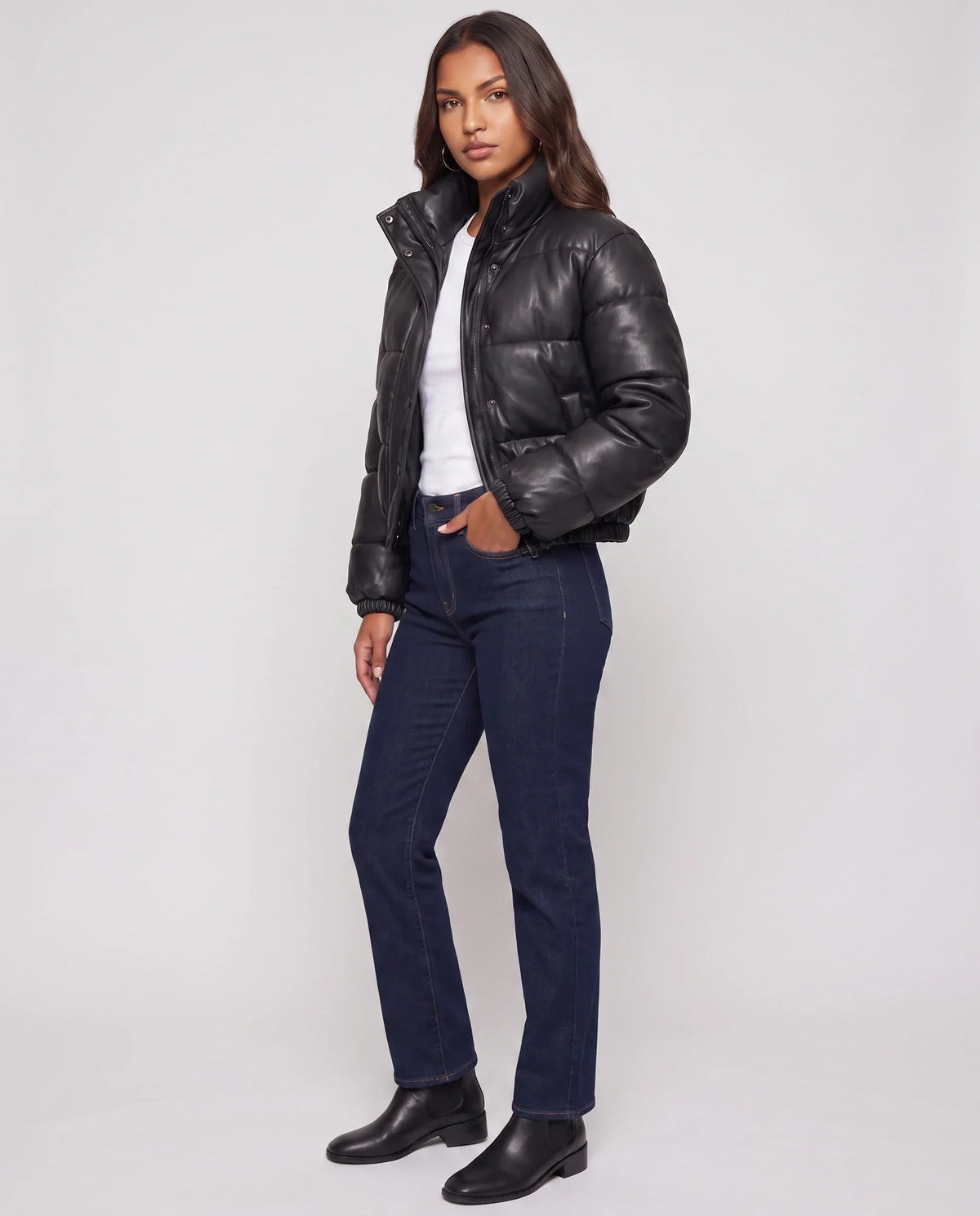 Short Faux Leather Puffer Jacket with Poppers