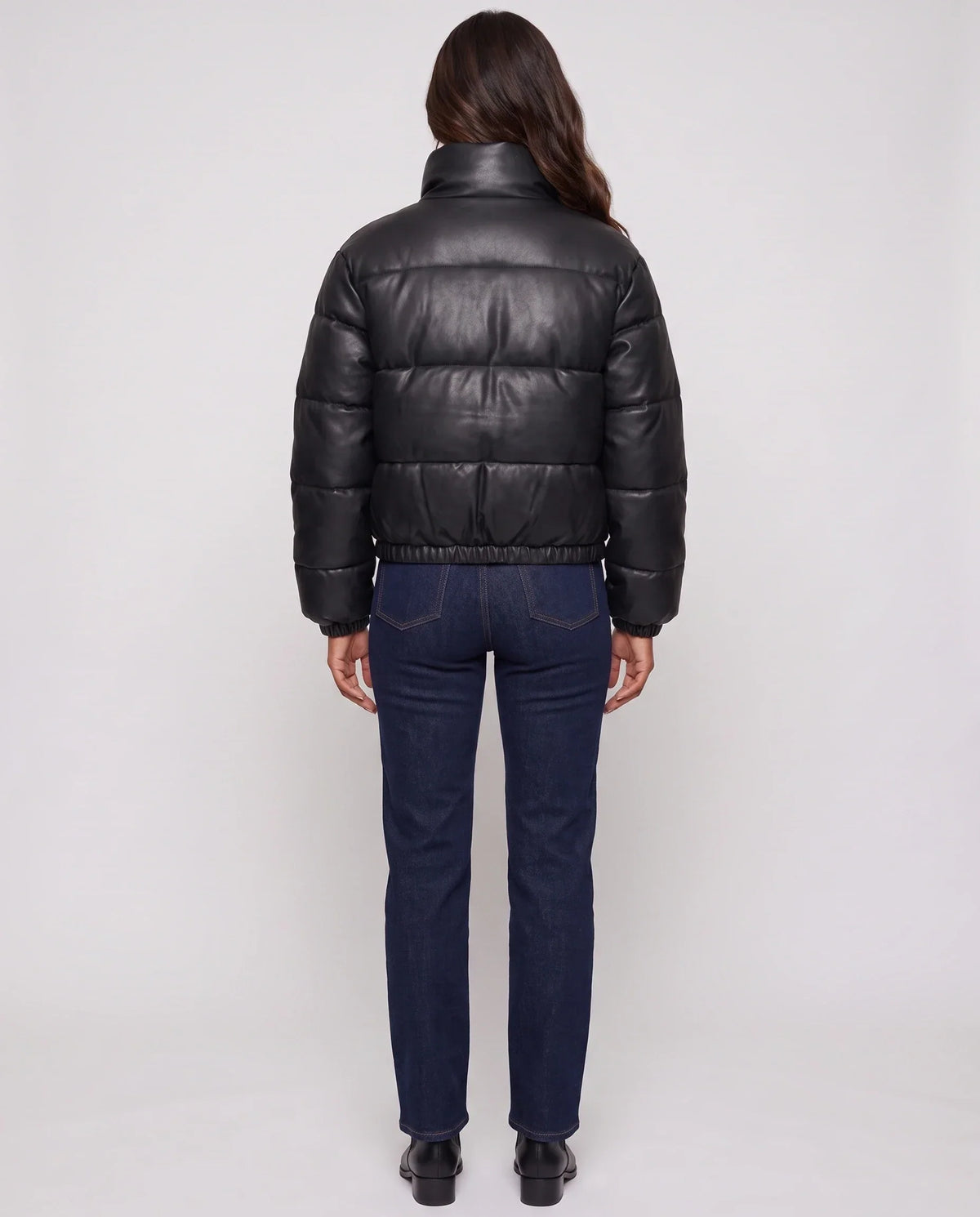 Short Faux Leather Puffer Jacket with Poppers