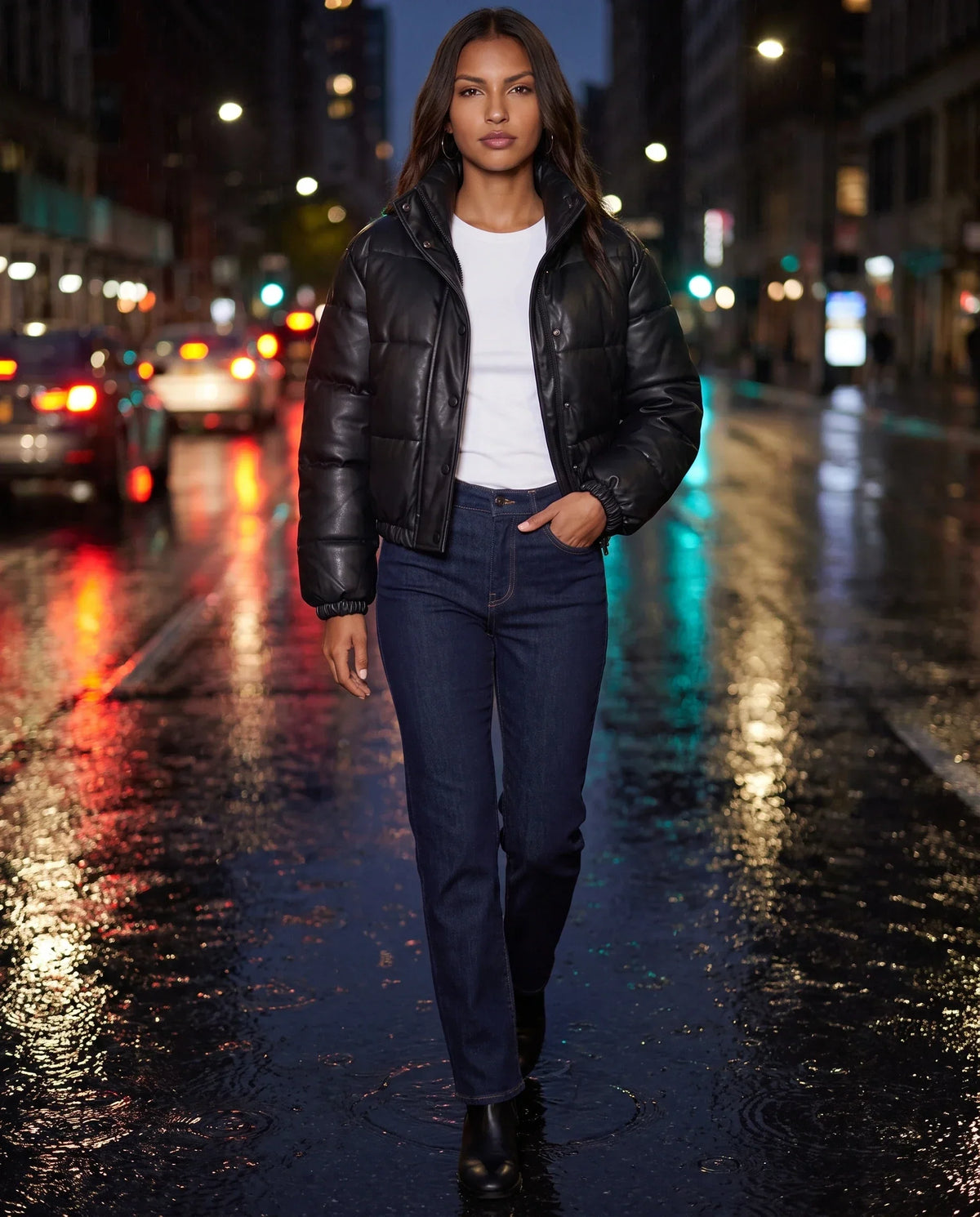 Short Faux Leather Puffer Jacket with Poppers