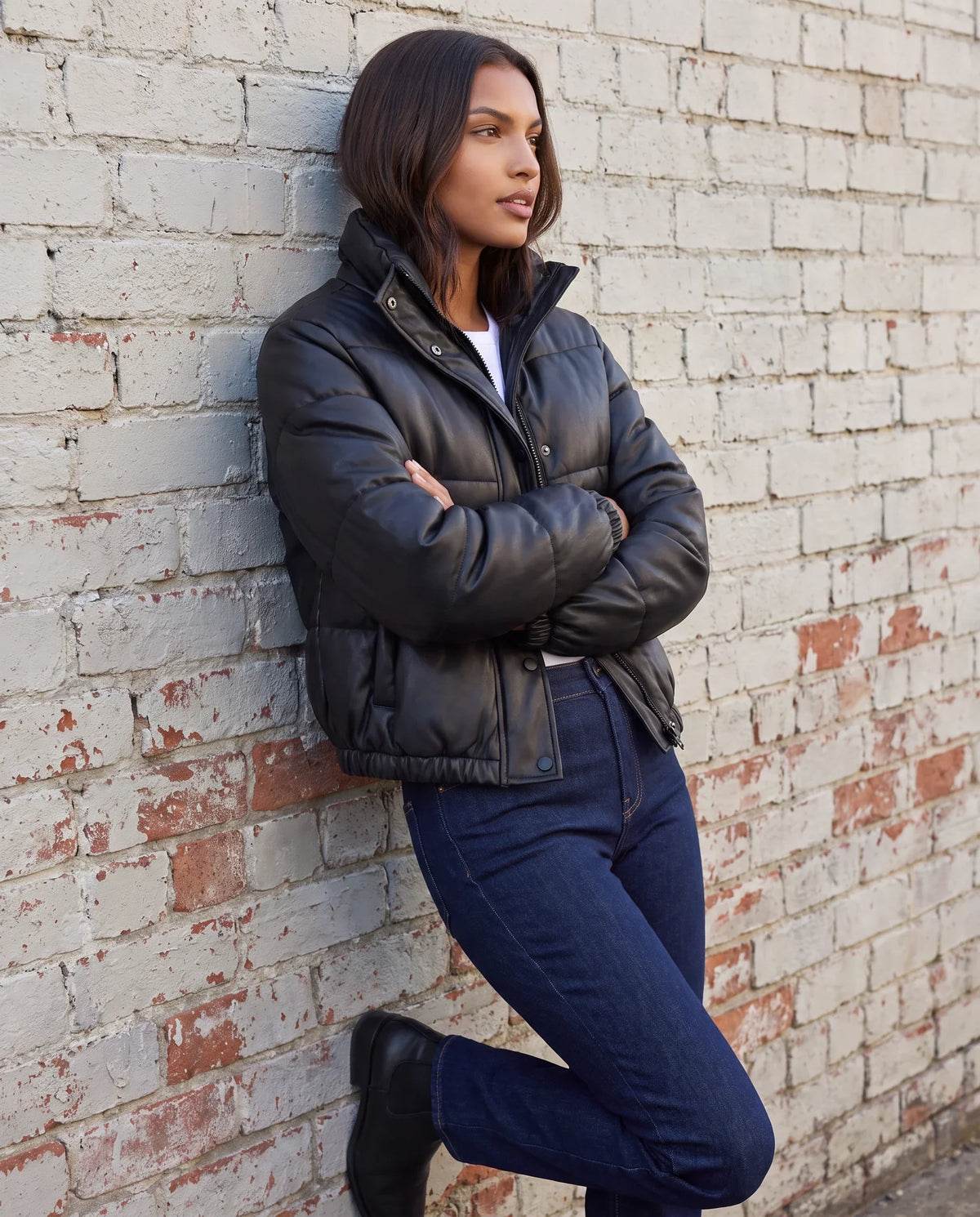 Short Faux Leather Puffer Jacket with Poppers