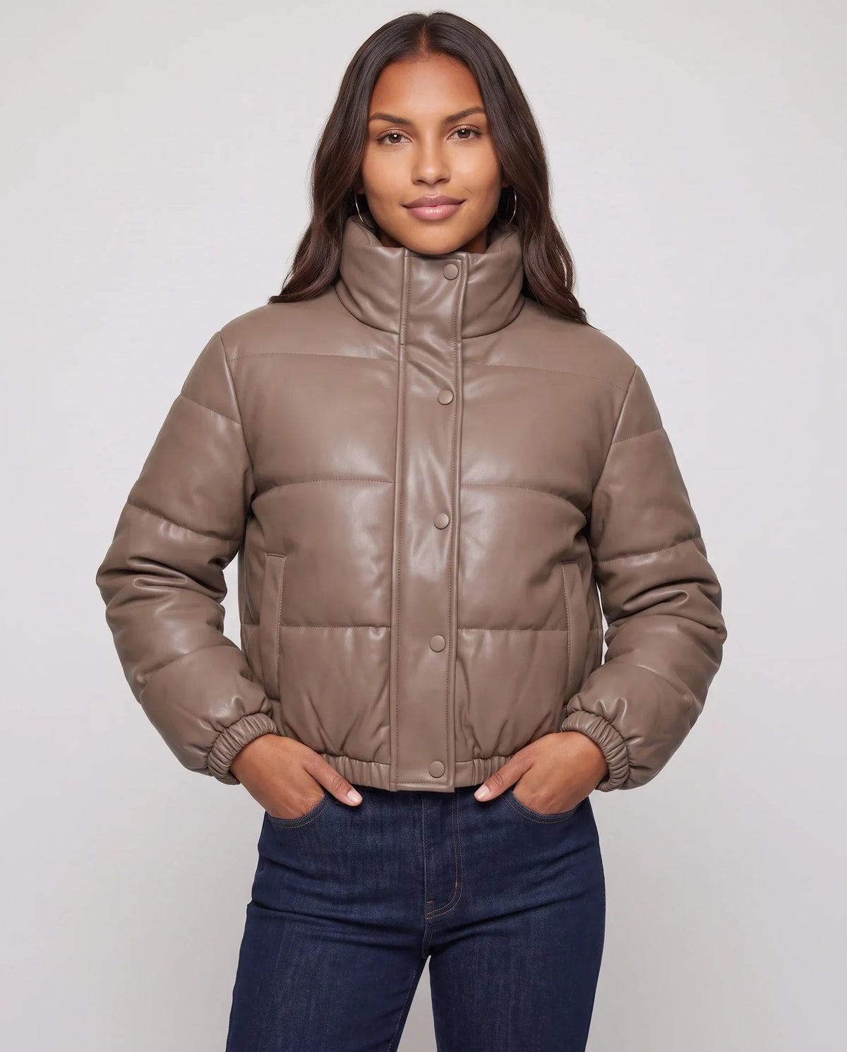 Short Faux Leather Puffer Jacket with Poppers