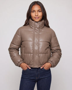 Short Faux Leather Puffer Jacket with Poppers