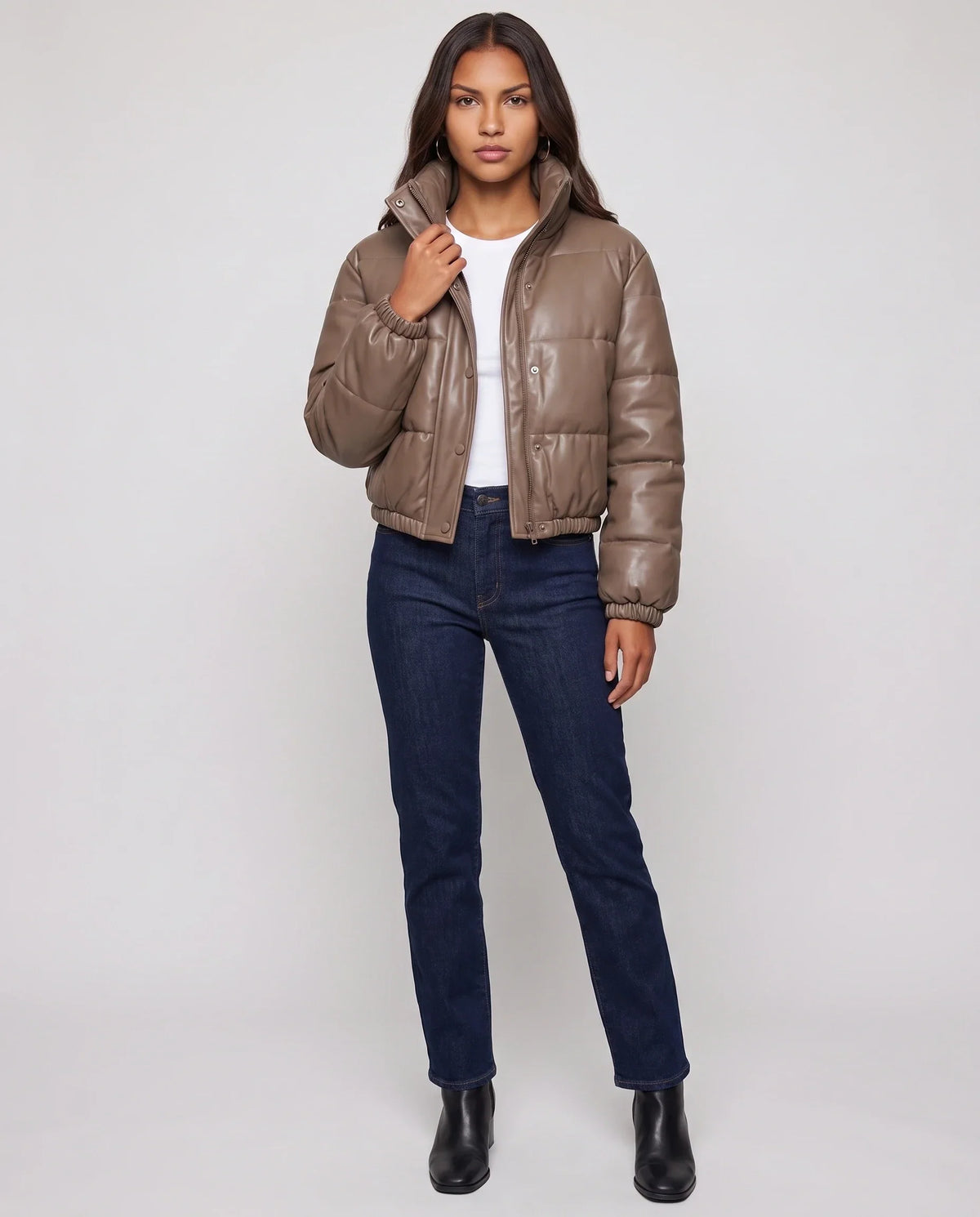 Short Faux Leather Puffer Jacket with Poppers