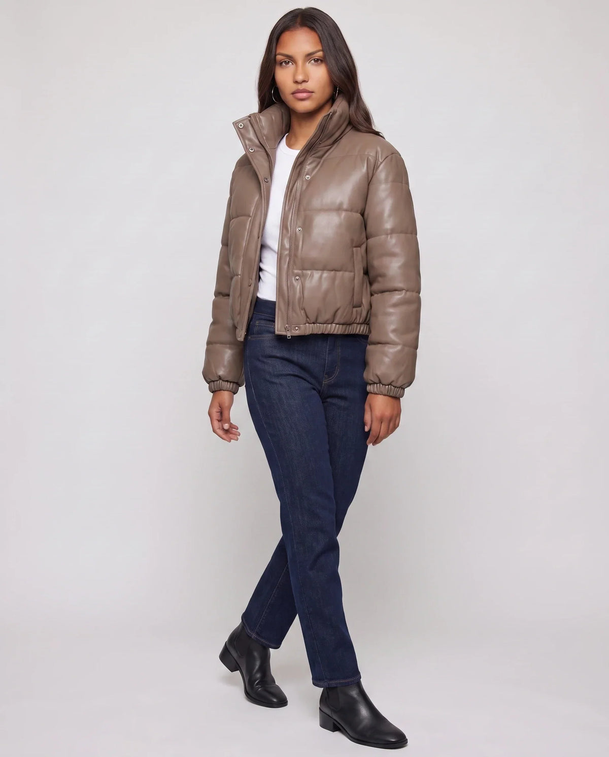 Short Faux Leather Puffer Jacket with Poppers