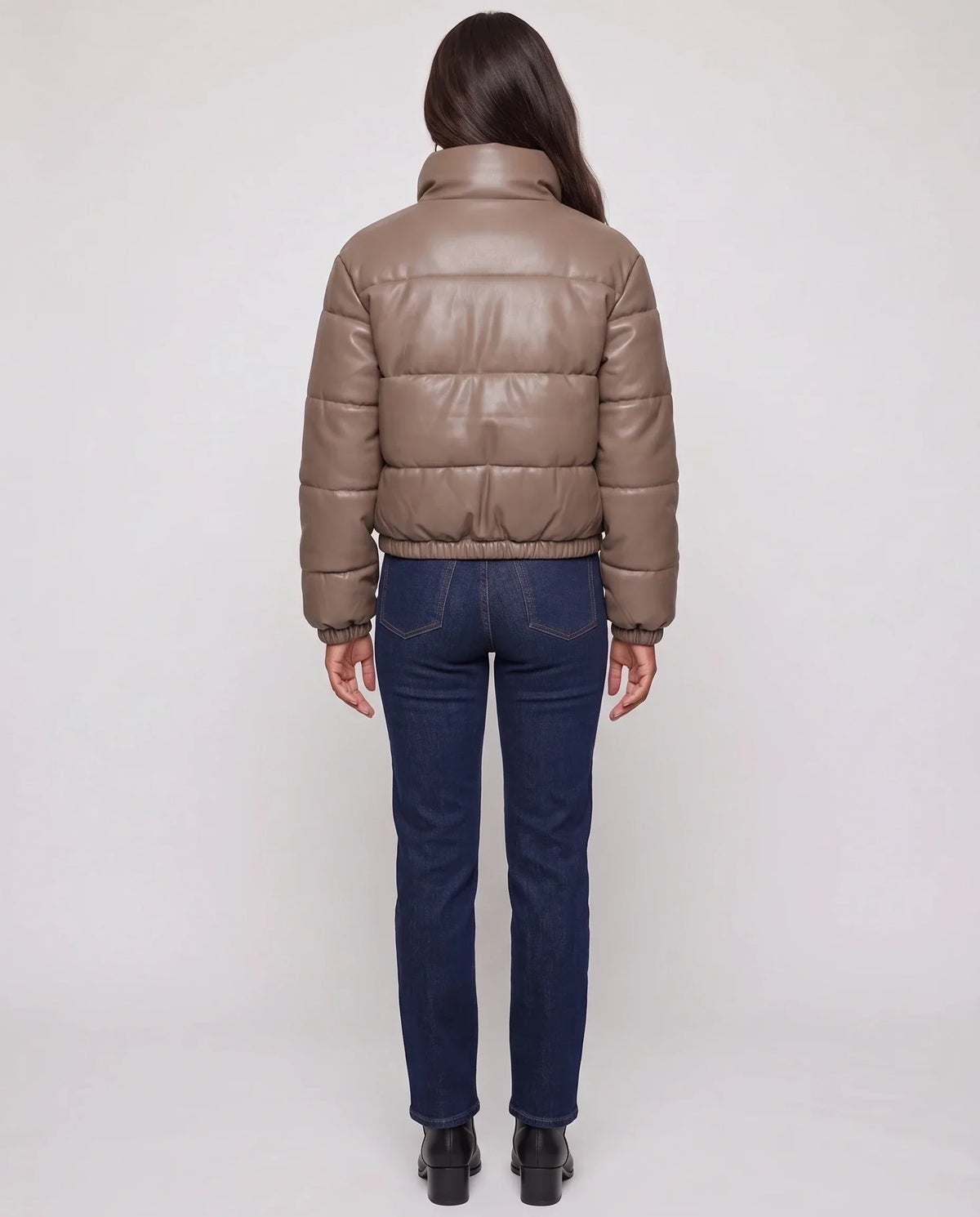 Short Faux Leather Puffer Jacket with Poppers