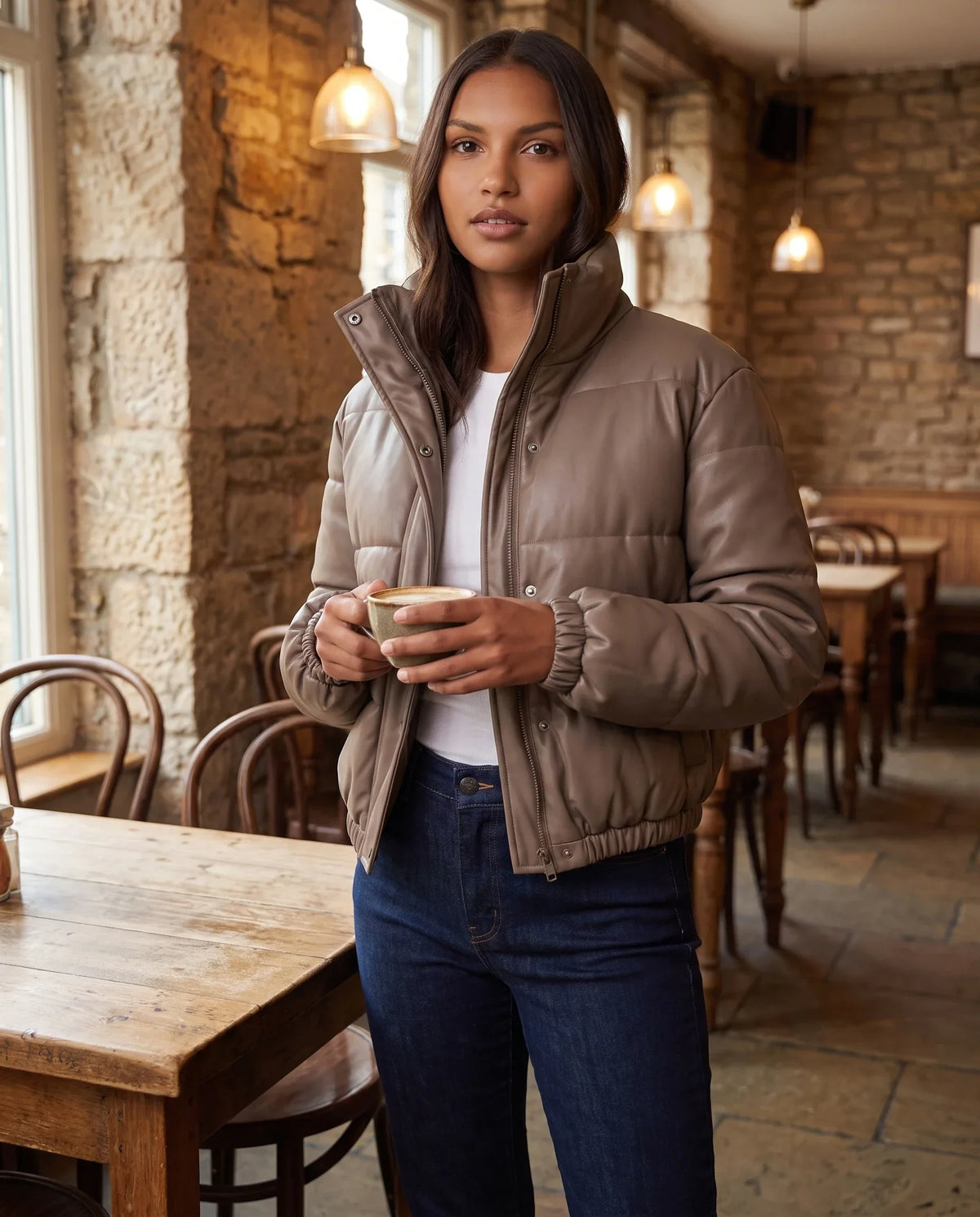 Short Faux Leather Puffer Jacket with Poppers