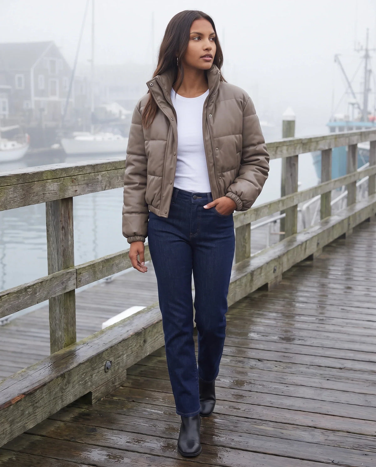 Short Faux Leather Puffer Jacket with Poppers