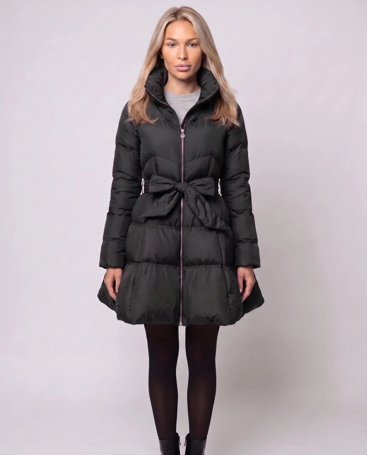 Fit-and-Flare Puffer Jacket with Tie Belt