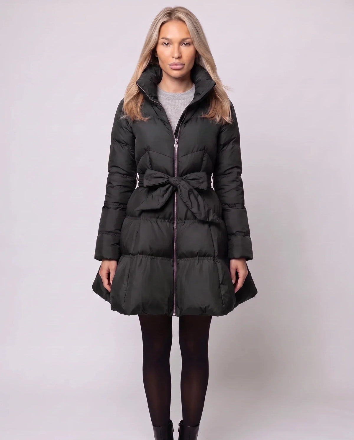 Fit-and-Flare Puffer Jacket with Tie Belt