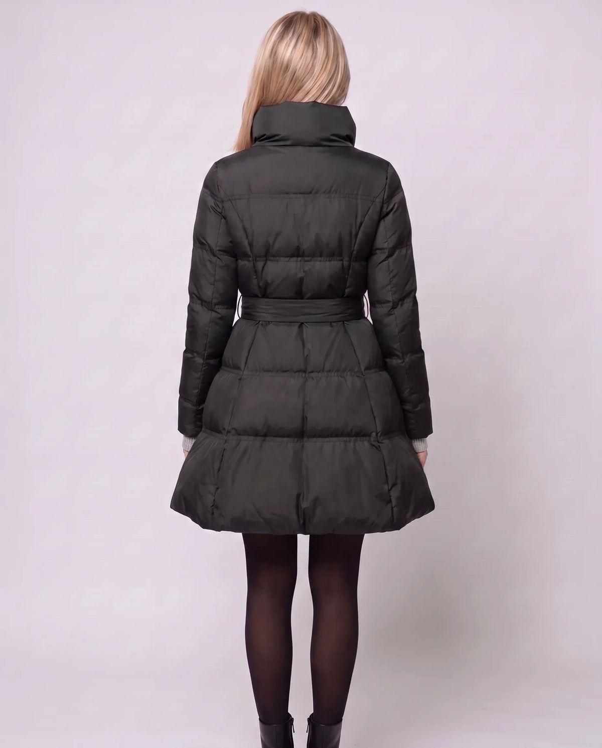 Fit-and-Flare Puffer Jacket with Tie Belt