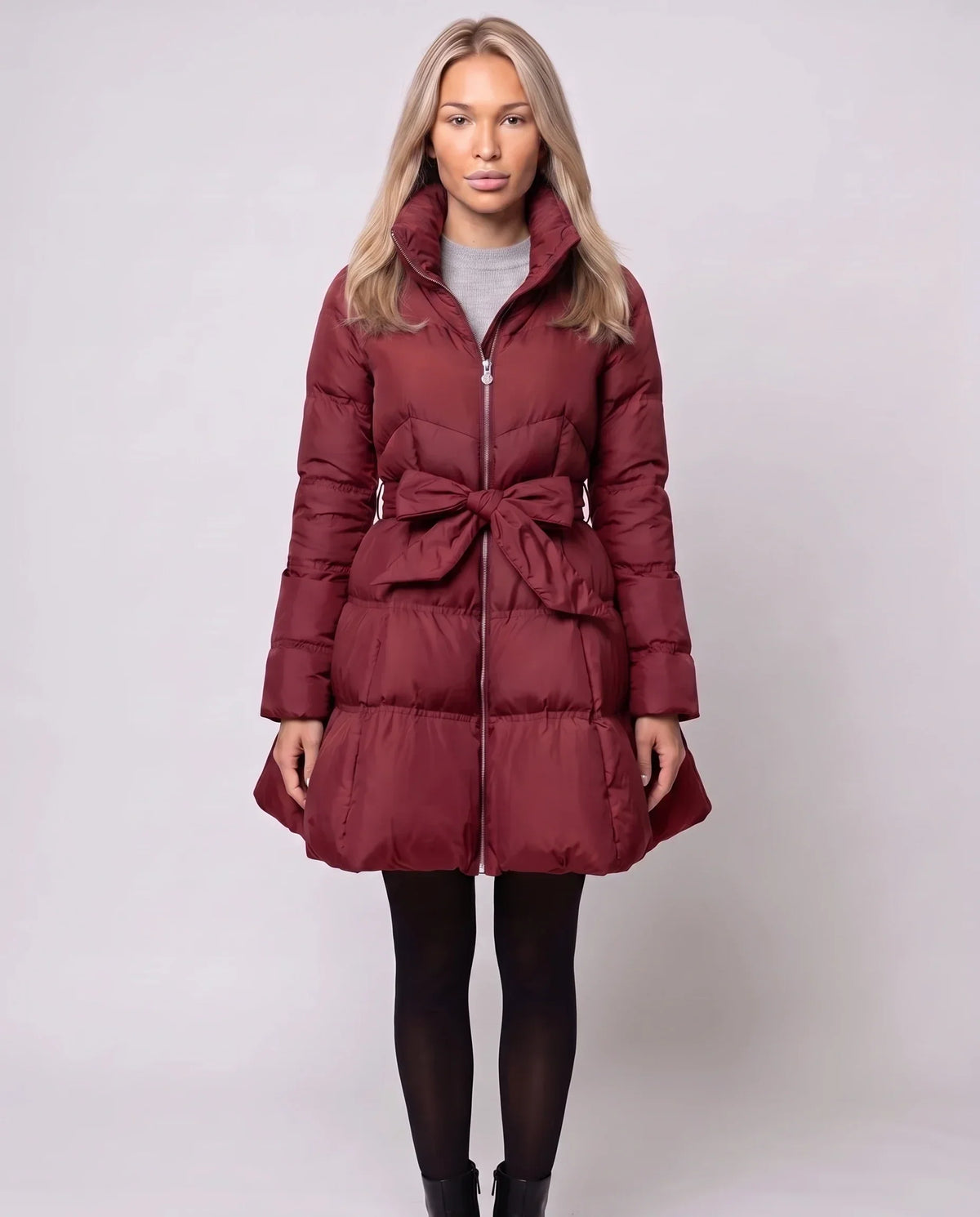 Fit-and-Flare Puffer Jacket with Tie Belt