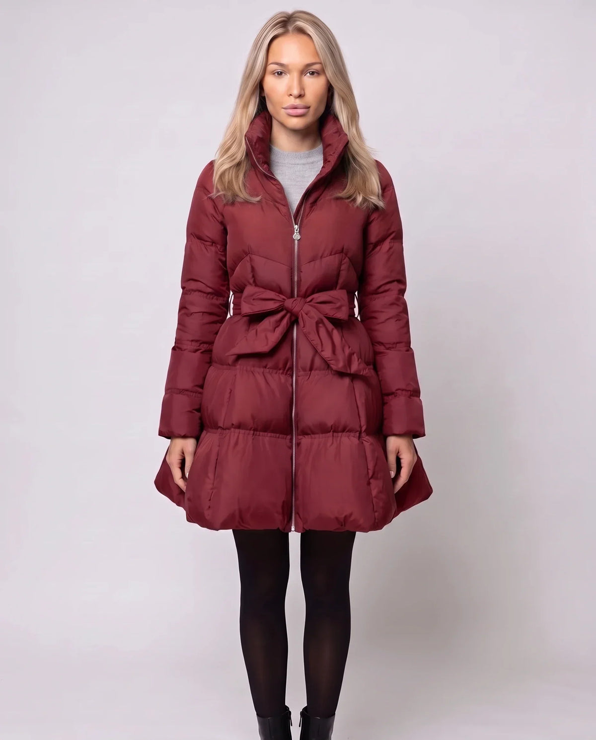 Fit-and-Flare Puffer Jacket with Tie Belt