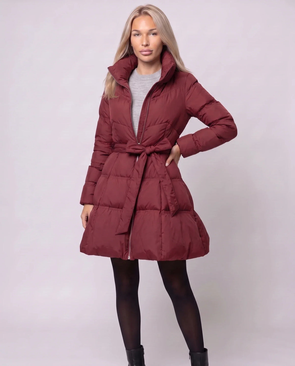 Fit-and-Flare Puffer Jacket with Tie Belt