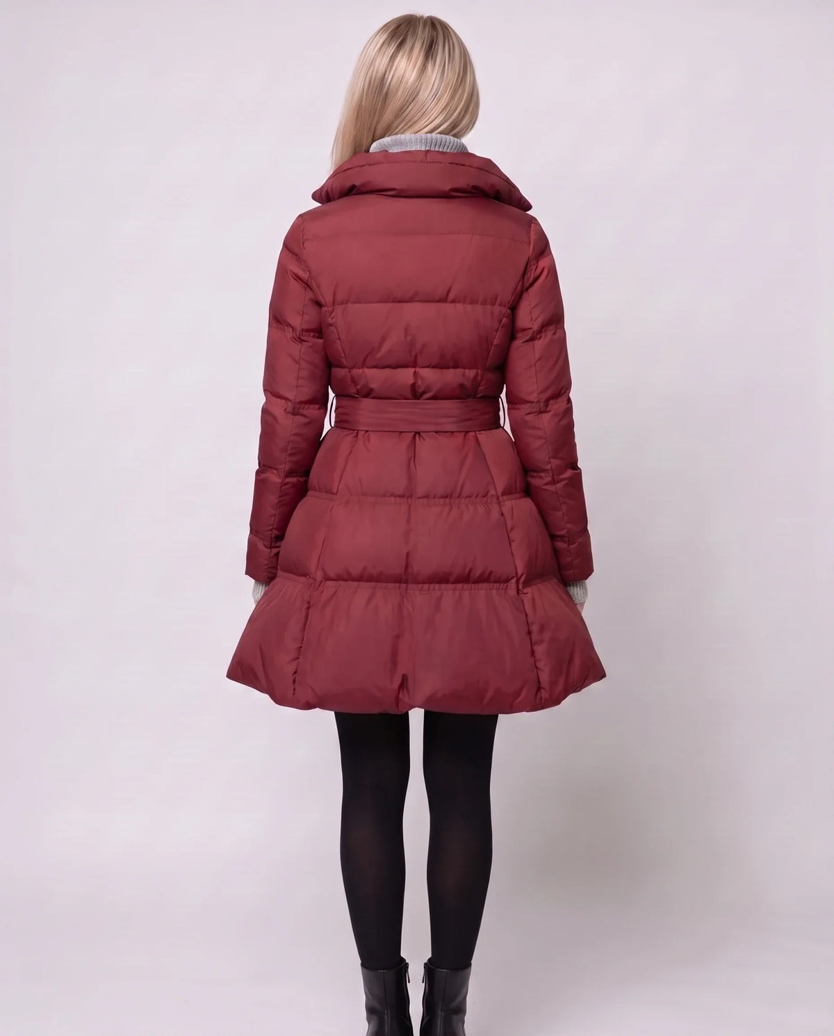 Fit-and-Flare Puffer Jacket with Tie Belt