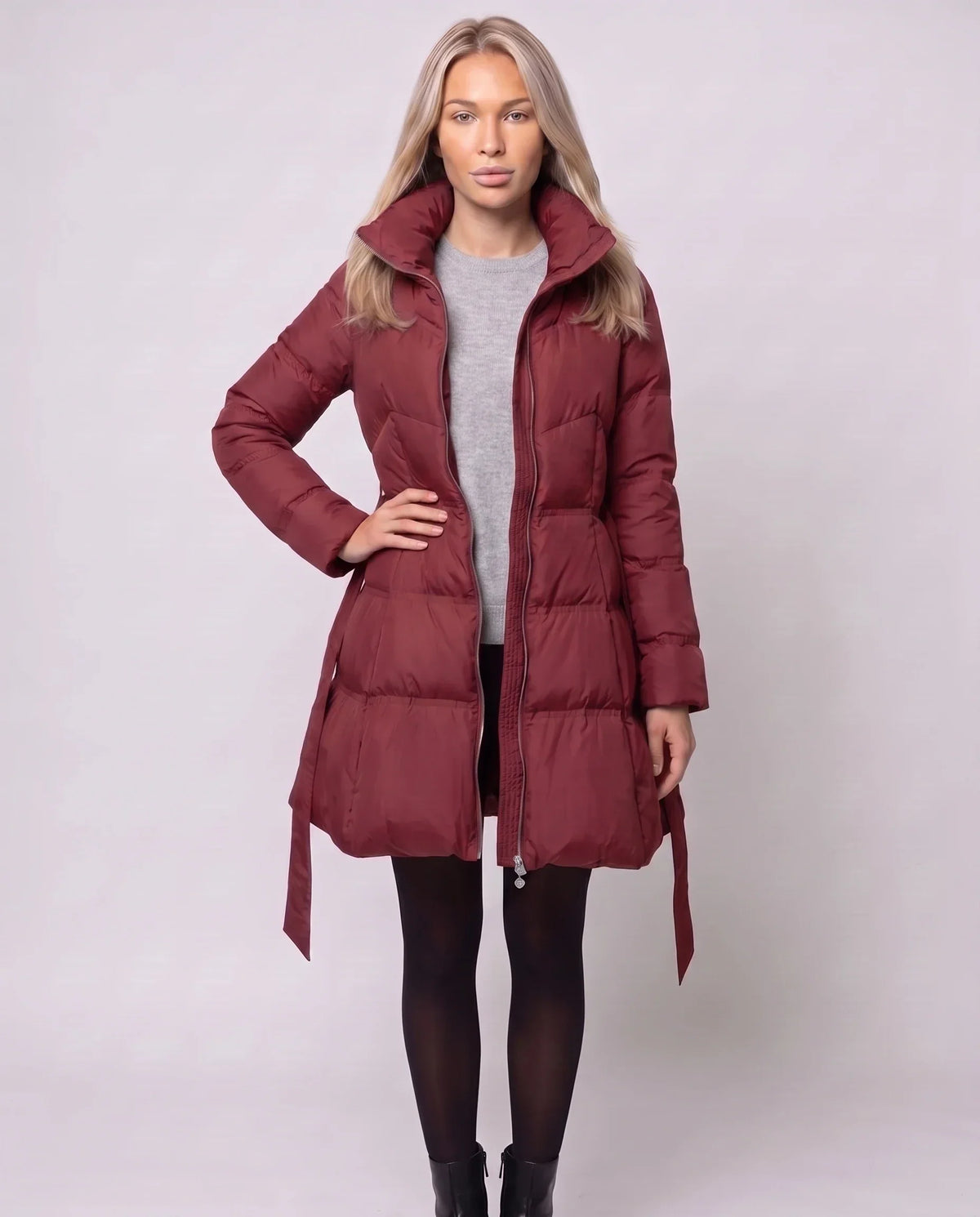 Fit-and-Flare Puffer Jacket with Tie Belt