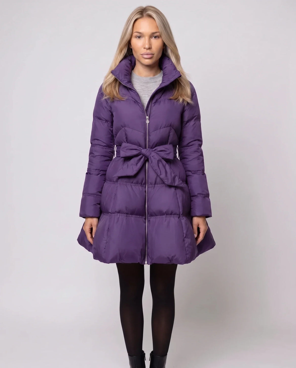 Fit-and-Flare Puffer Jacket with Tie Belt