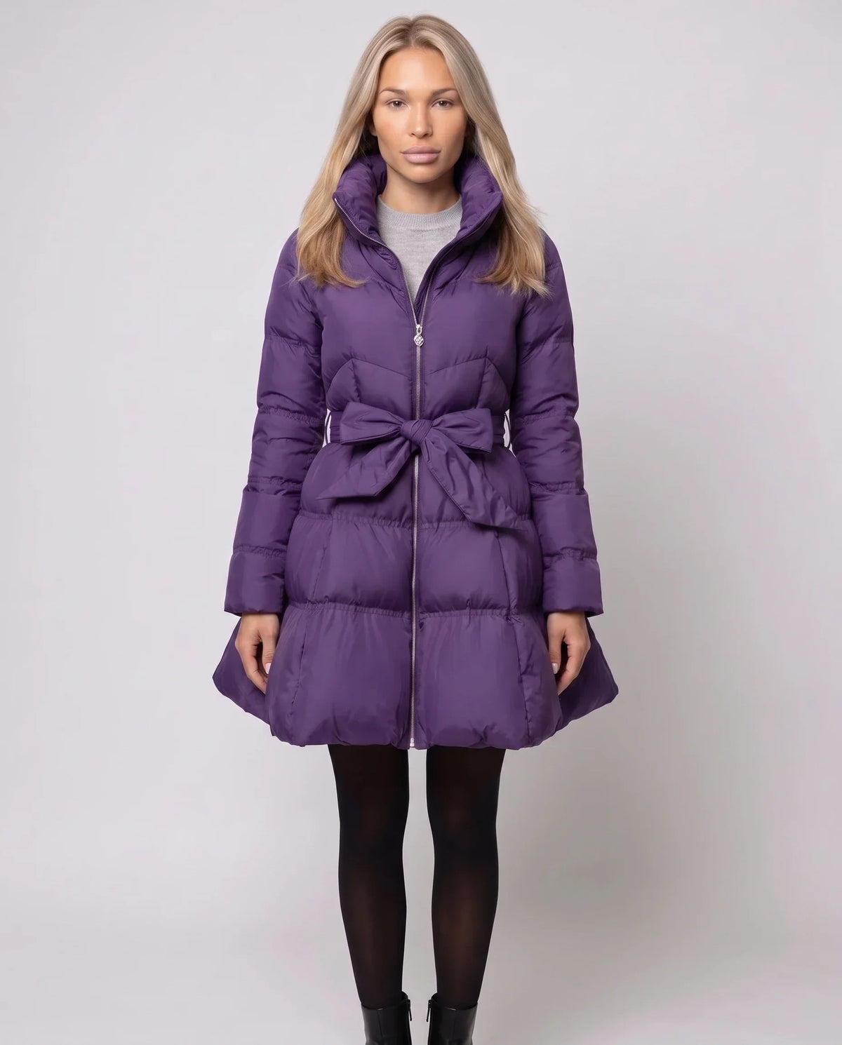 Fit-and-Flare Puffer Jacket with Tie Belt