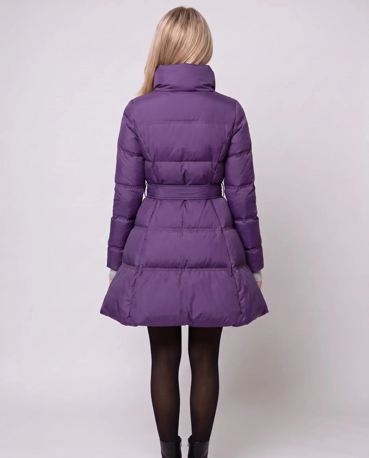 Fit-and-Flare Puffer Jacket with Tie Belt