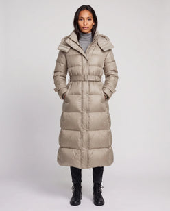 Extra-Long Shiny Hooded Puffer Jacket with Belt