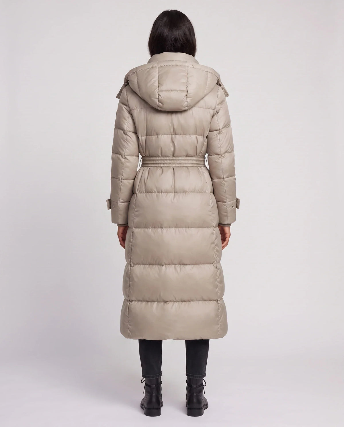Extra-Long Shiny Hooded Puffer Jacket with Belt