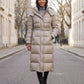 Extra-Long Shiny Hooded Puffer Jacket with Belt