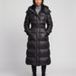 Extra-Long Shiny Hooded Puffer Jacket with Belt