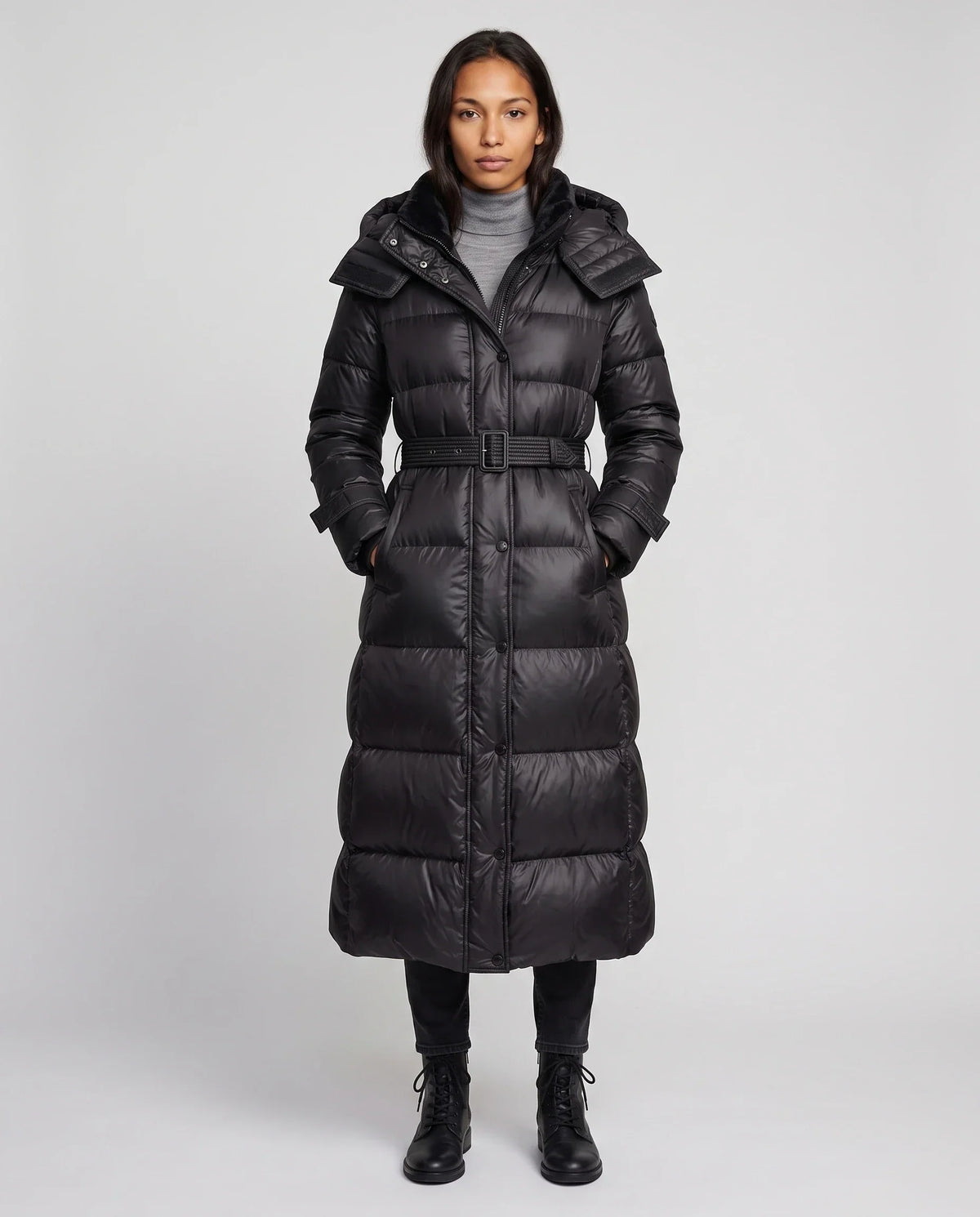 Extra-Long Shiny Hooded Puffer Jacket with Belt