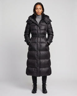 Extra-Long Shiny Hooded Puffer Jacket with Belt