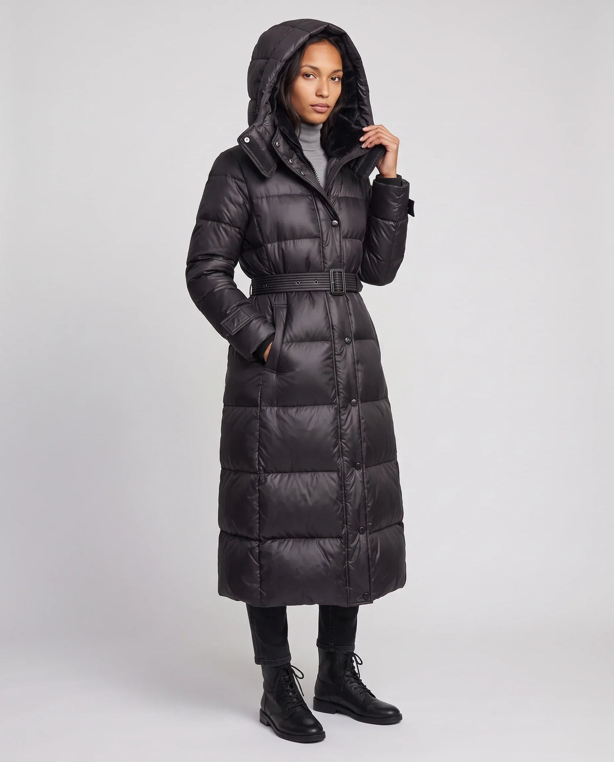 Extra-Long Shiny Hooded Puffer Jacket with Belt