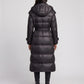 Extra-Long Shiny Hooded Puffer Jacket with Belt