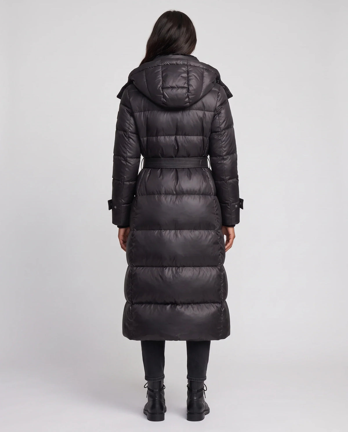 Extra-Long Shiny Hooded Puffer Jacket with Belt