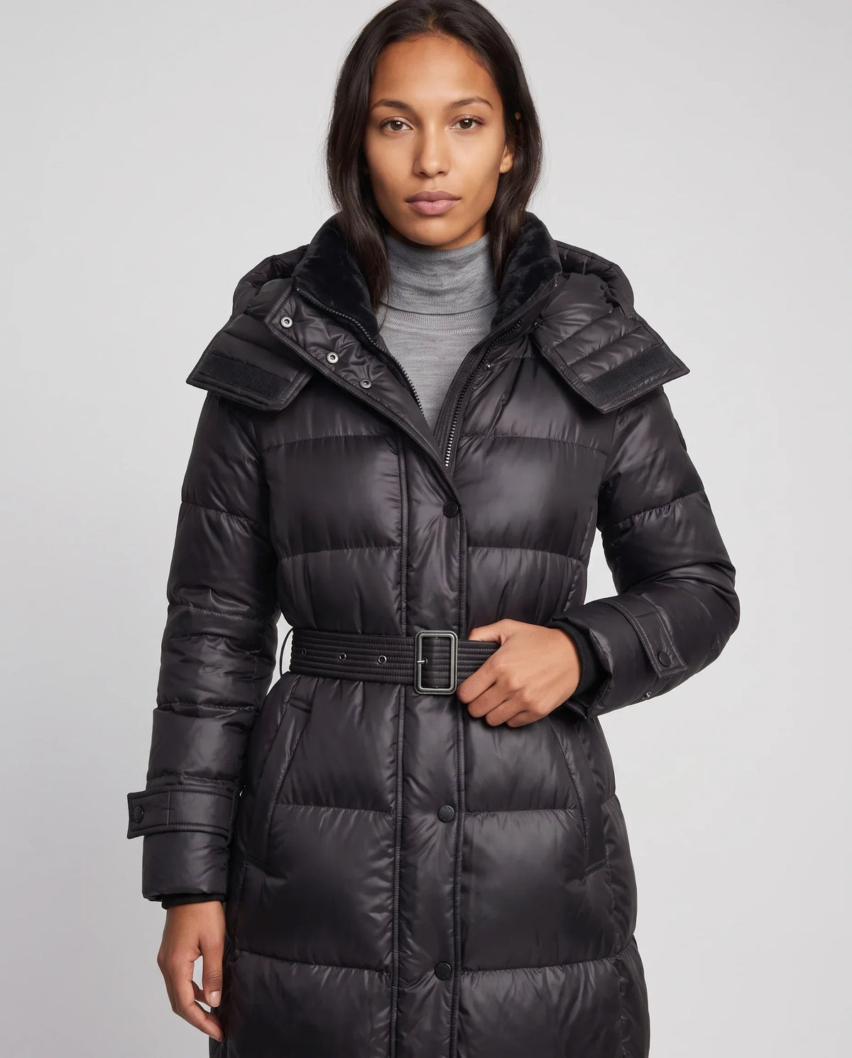 Extra-Long Shiny Hooded Puffer Jacket with Belt