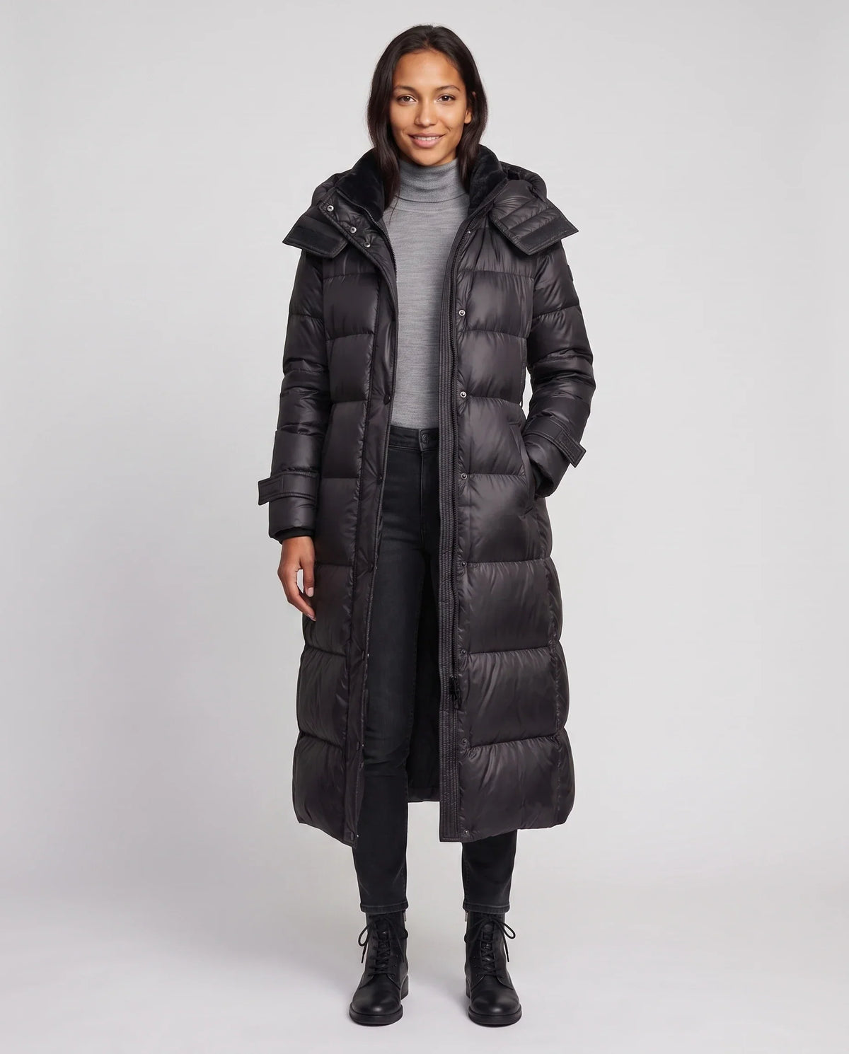 Extra-Long Shiny Hooded Puffer Jacket with Belt