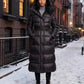 Extra-Long Shiny Hooded Puffer Jacket with Belt