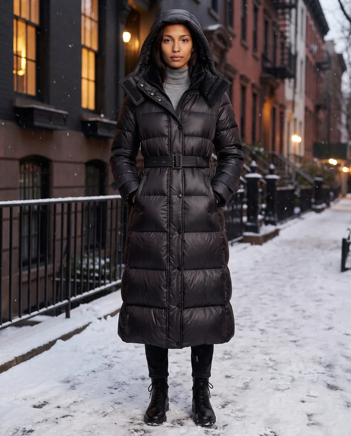 Extra-Long Shiny Hooded Puffer Jacket with Belt