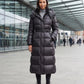 Extra-Long Shiny Hooded Puffer Jacket with Belt