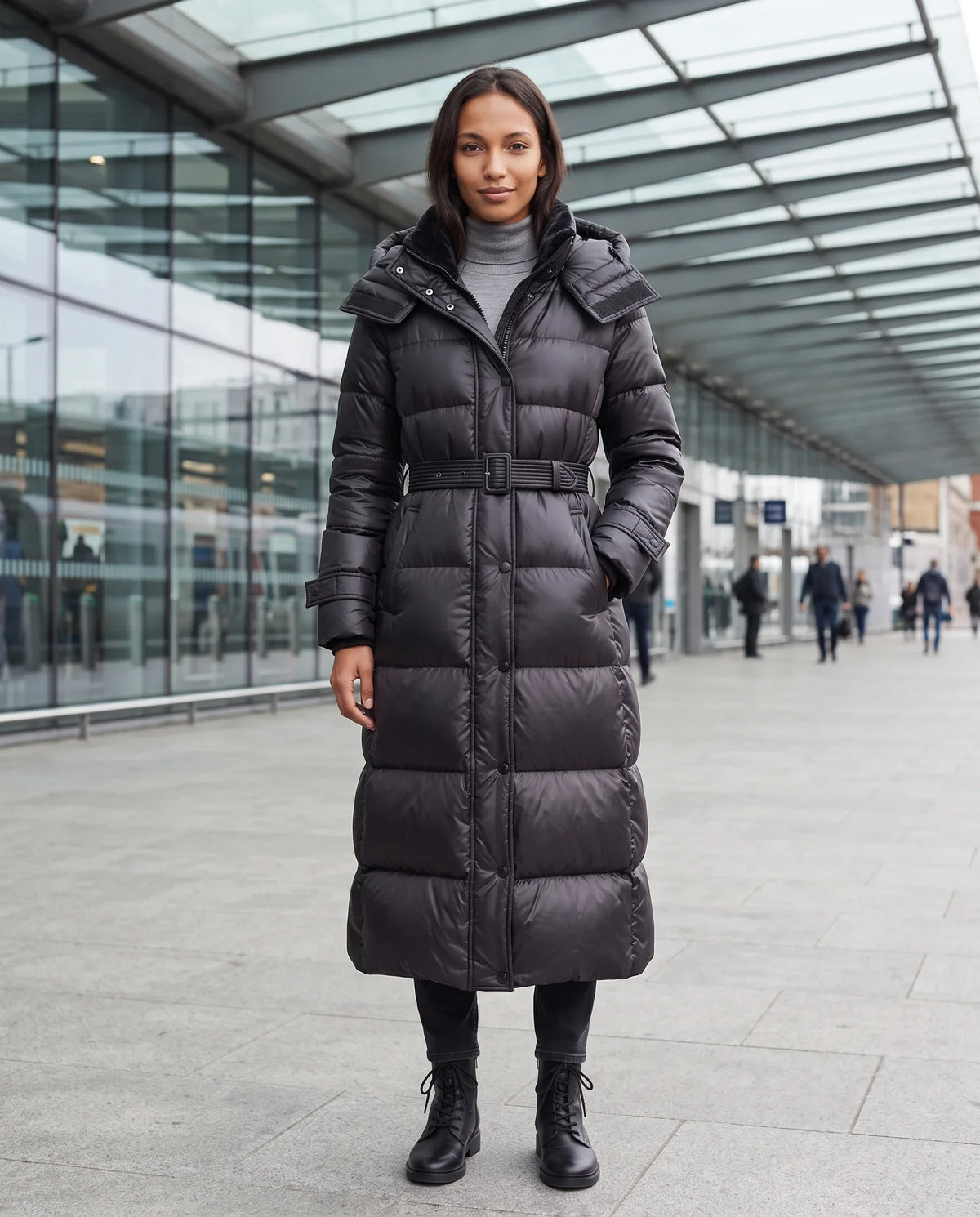Extra-Long Shiny Hooded Puffer Jacket with Belt