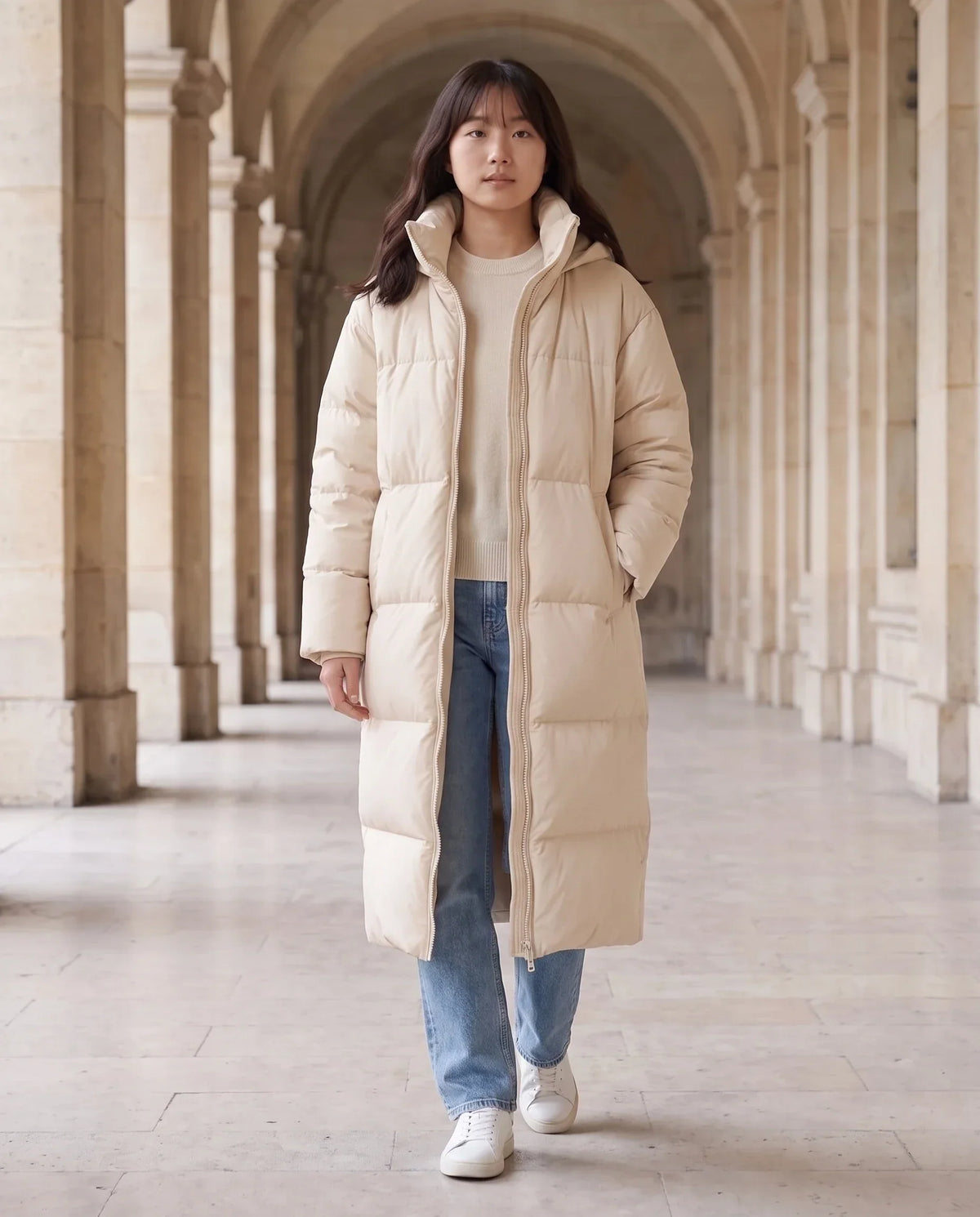 Extra-Long Puffer Jacket with Detachable Hood