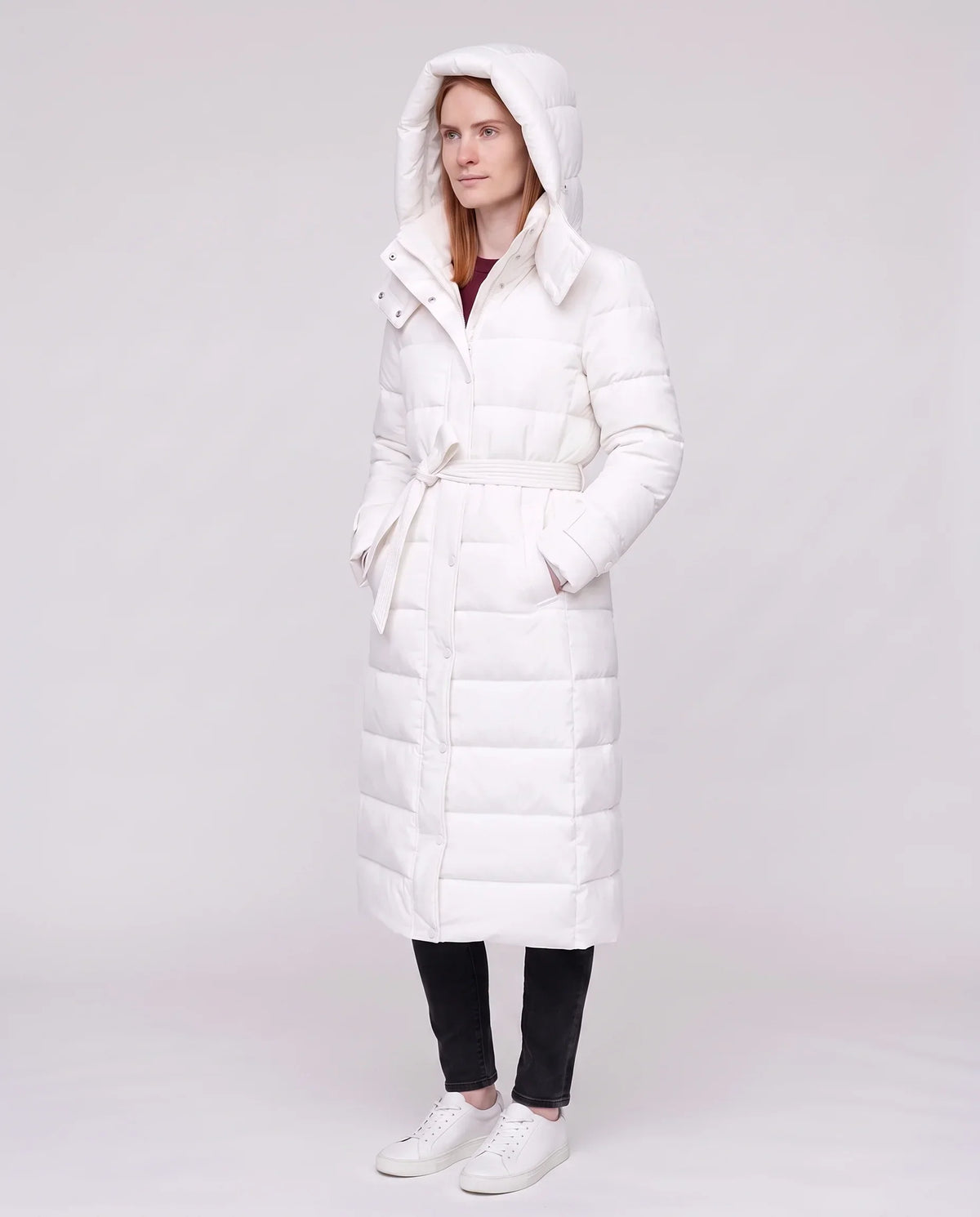 Extra-Long Hooded Puffer Jacket with Belt