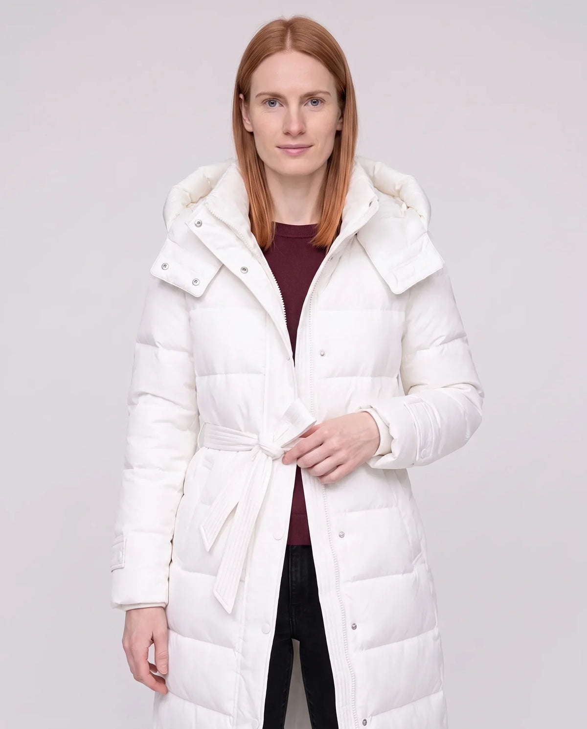 Extra-Long Hooded Puffer Jacket with Belt