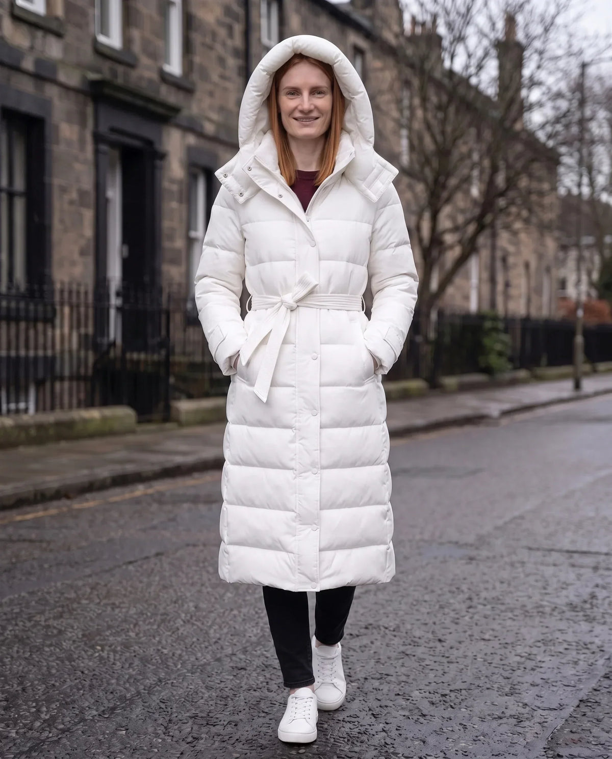 Extra-Long Hooded Puffer Jacket with Belt