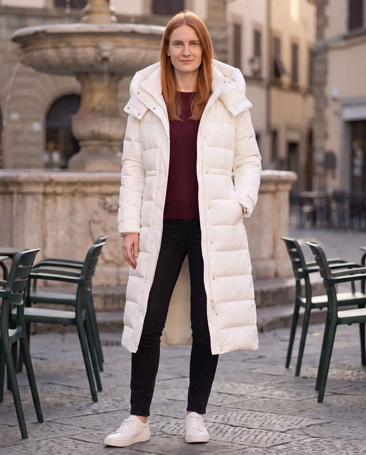 Extra-Long Hooded Puffer Jacket with Belt