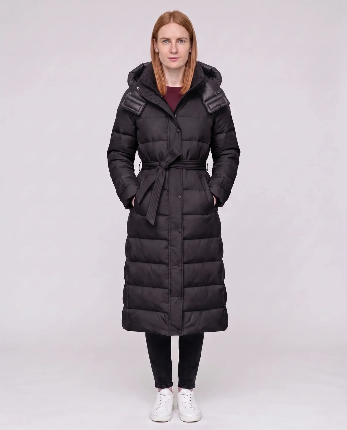 Extra-Long Hooded Puffer Jacket with Belt
