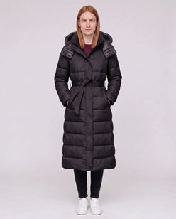 Extra-Long Hooded Puffer Jacket with Belt
