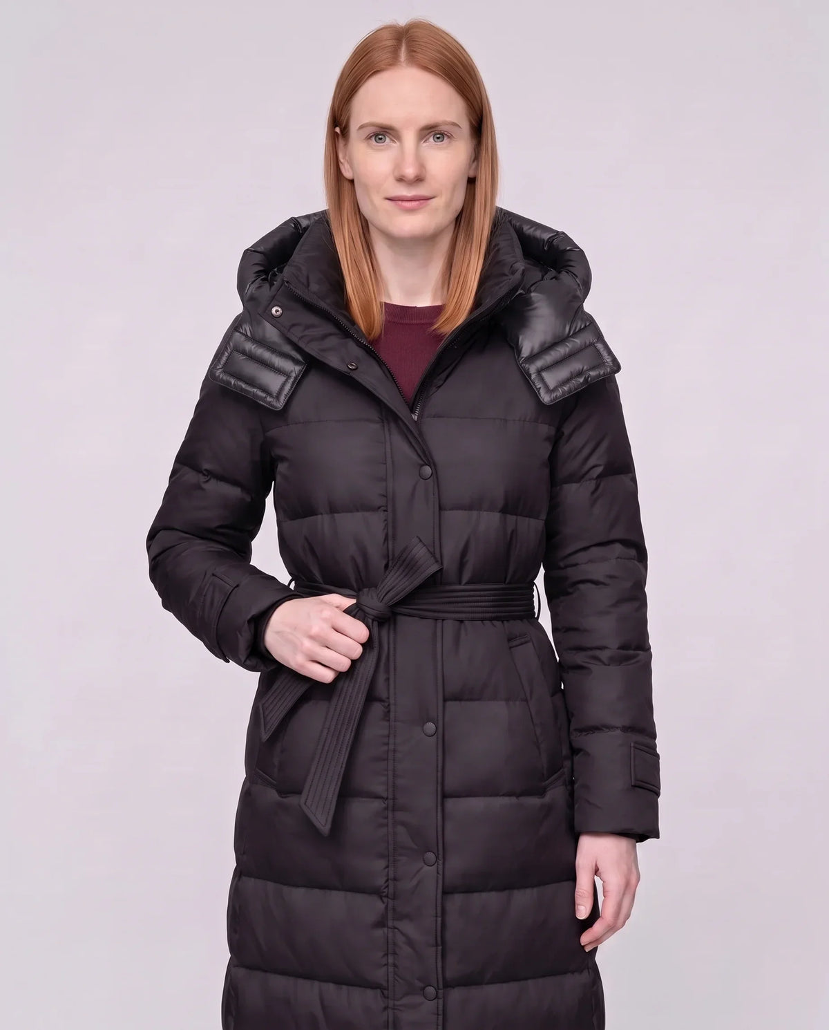 Extra-Long Hooded Puffer Jacket with Belt